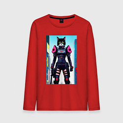 Лонгслив хлопковый мужской Молодая кисуля - киберпанк - нейросеть, цвет: красный