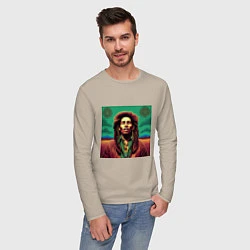 Лонгслив хлопковый мужской Digital Art Bob Marley in the field, цвет: миндальный — фото 2