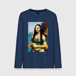 Лонгслив хлопковый мужской Мона Лиза на пляже - Биарриц - Франция, цвет: тёмно-синий