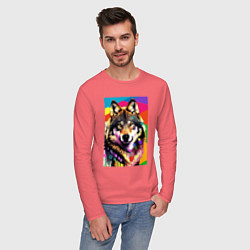 Лонгслив хлопковый мужской Красочный волк - поп-арт - нейросеть, цвет: коралловый — фото 2