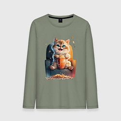 Лонгслив хлопковый мужской Веселый котик с попкорном, цвет: авокадо