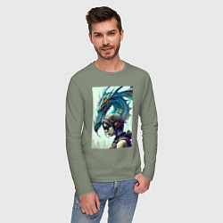 Лонгслив хлопковый мужской Девчонка в шлеме и дракон - киберпанк, цвет: авокадо — фото 2