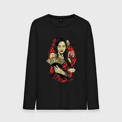 Лонгслив хлопковый мужской Гейша с веером, цвет: черный