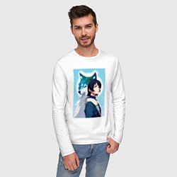 Лонгслив хлопковый мужской Мечтательная девчонка и волк - нейросеть, цвет: белый — фото 2