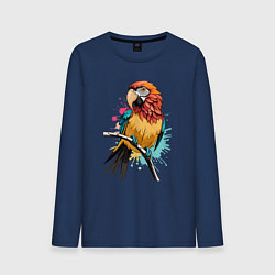 Лонгслив хлопковый мужской Акварельный попугай, цвет: тёмно-синий