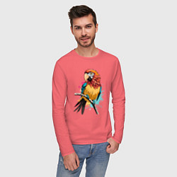Лонгслив хлопковый мужской Акварельный попугай, цвет: коралловый — фото 2