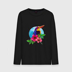 Лонгслив хлопковый мужской Тропическая птица в цветах, цвет: черный