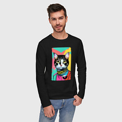 Лонгслив хлопковый мужской Pop art cat - neural network, цвет: черный — фото 2