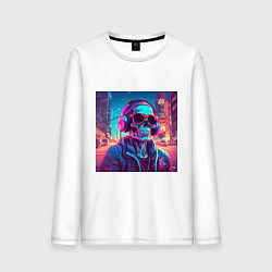 Лонгслив хлопковый мужской Скелет в очках и неоновых наушниках, цвет: белый