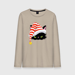 Лонгслив хлопковый мужской Новогодний черный кот в новогоднем колпаке, цвет: миндальный