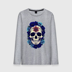 Лонгслив хлопковый мужской Череп с сининими розами, цвет: меланж