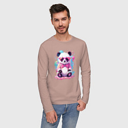 Лонгслив хлопковый мужской Милая панда в розовых очках и бантике, цвет: пыльно-розовый — фото 2