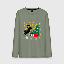 Лонгслив хлопковый мужской Кот и елка, цвет: авокадо