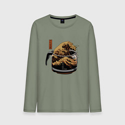 Лонгслив хлопковый мужской Большая волна в Канагаве в чайнике с кофе, цвет: авокадо