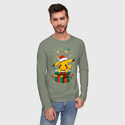 Лонгслив хлопковый мужской Новогодний пика-пика, цвет: авокадо — фото 2