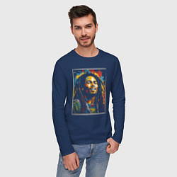 Лонгслив хлопковый мужской Боб Марли портрет, цвет: тёмно-синий — фото 2