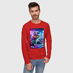 Лонгслив хлопковый мужской Капибара игроман - неоновое свечение, цвет: красный — фото 2