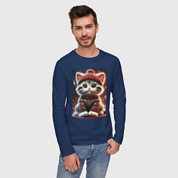 Лонгслив хлопковый мужской Котенок в свитере, цвет: тёмно-синий — фото 2