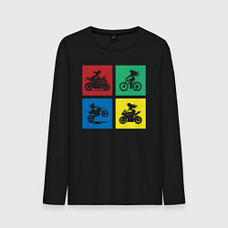 Лонгслив хлопковый мужской Силуэты девушек на велосипедах и мотоциклах, цвет: черный