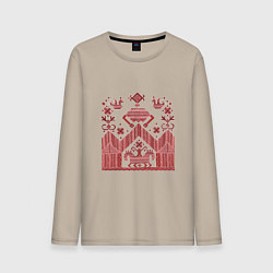 Лонгслив хлопковый мужской Красные славянская узоры вышивки, цвет: миндальный
