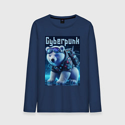 Лонгслив хлопковый мужской Белый медвежонок в стиле киберпанк, цвет: тёмно-синий