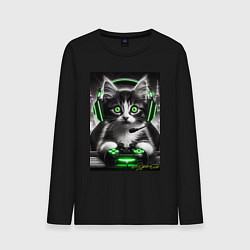 Лонгслив хлопковый мужской Котёнок командный геймер - киберспорт, цвет: черный