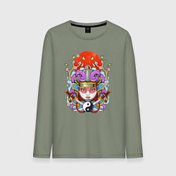 Лонгслив хлопковый мужской Мифологическая девушка самурай, цвет: авокадо