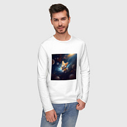 Лонгслив хлопковый мужской Корги в космосе, цвет: белый — фото 2