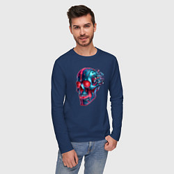 Лонгслив хлопковый мужской Metal cyber skull - ai art, цвет: тёмно-синий — фото 2