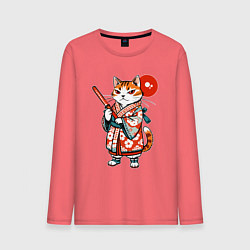 Лонгслив хлопковый мужской Кошечка в кимоно в японском стиле, цвет: коралловый