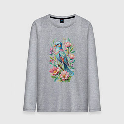 Лонгслив хлопковый мужской Красивая голубая птица среди цветов, цвет: меланж