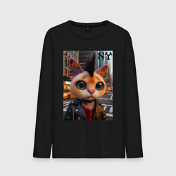 Лонгслив хлопковый мужской Глазастый котёнок панк из Нью-Йорка - нейросеть, цвет: черный