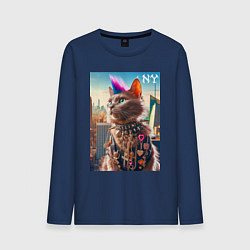 Лонгслив хлопковый мужской Funny cat punk from New York - ai art, цвет: тёмно-синий