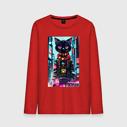 Лонгслив хлопковый мужской Котёнок в мегаполисе - киберпанк, цвет: красный