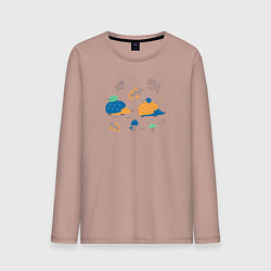 Лонгслив хлопковый мужской Ежики в лесу с веточками и грибами, цвет: пыльно-розовый