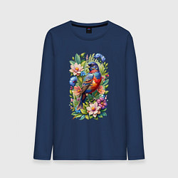 Лонгслив хлопковый мужской Расписной овсянковый кардинал среди цветов, цвет: тёмно-синий