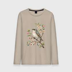 Лонгслив хлопковый мужской Маленькая птичка на ветке с цветами, цвет: миндальный