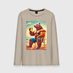 Мужской лонгслив Bear bodybuilder with a cup of beer on a beach - a