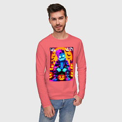 Лонгслив хлопковый мужской Прикольный чувак - Майнкрафт и хэллоуин, цвет: коралловый — фото 2
