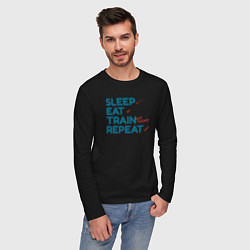 Лонгслив хлопковый мужской Eat sleep train repeat - blue and red, цвет: черный — фото 2