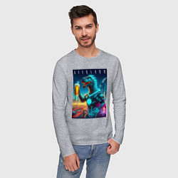Лонгслив хлопковый мужской Дино с кружкой пива в Мегаполисе - нейроарт, цвет: меланж — фото 2