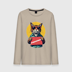 Лонгслив хлопковый мужской Сat with a poster, цвет: миндальный