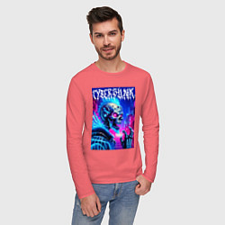 Лонгслив хлопковый мужской Neon punk skeleton - ai art fantasy, цвет: коралловый — фото 2