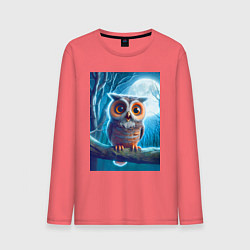 Лонгслив хлопковый мужской Милый совёнок на фоне луны - нейроарт фантазия, цвет: коралловый