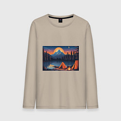 Лонгслив хлопковый мужской Палатка на берегу озера, цвет: миндальный