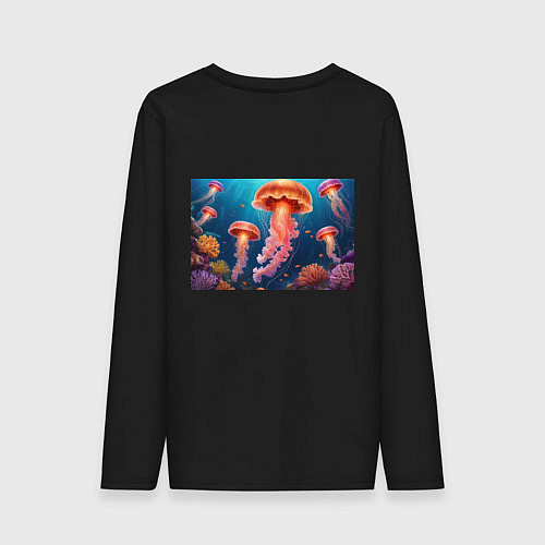 Мужской лонгслив Подводный мир медузы / Черный – фото 2