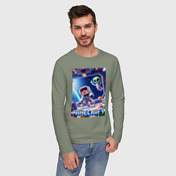 Лонгслив хлопковый мужской Инопланетянин следит за космонавтом - Майнкрафт, цвет: авокадо — фото 2