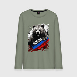 Лонгслив хлопковый мужской Русский медведь на фоне флага России, цвет: авокадо