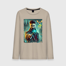 Лонгслив хлопковый мужской Harry Potter with a magic wand - ai art fantasy, цвет: миндальный