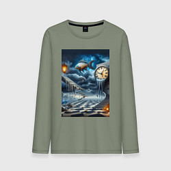 Лонгслив хлопковый мужской Психоделический пейзаж с часами и рыбой, цвет: авокадо